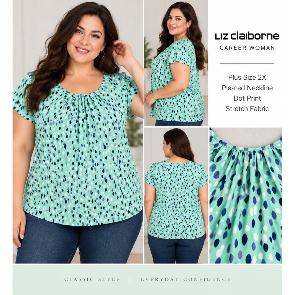 Liz Claiborne Career Woman Blouse Top Womens 2X Mint Green Purple Polka Dot SS